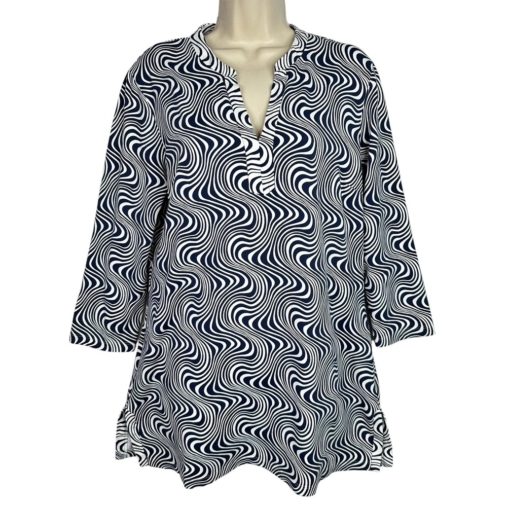 J McLaughlin Catalina Cloth Tunic Top Women's L Blue White Wave Print 3/4 Sleeve